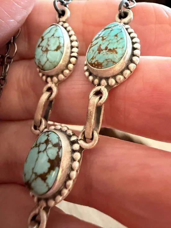 ❤️ Number 8 Turquoise Navajo Style Hand Stamped Unisex Matte Sterling Pendant - Picture 8 of 12